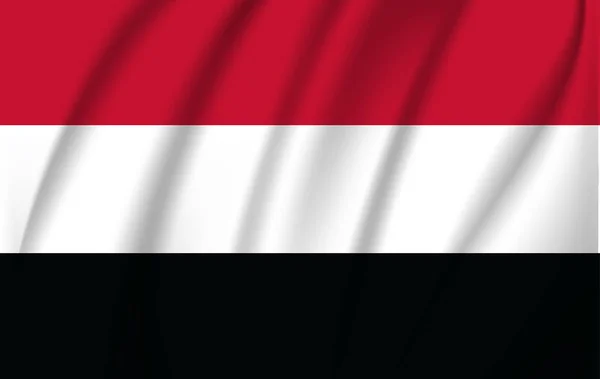 Jemen reális hullámzó zászlaja. A Jemeni Köztársaság jelenlegi nemzeti zászlaja. Illusztráció: repülő hullámos árnyékos ország Jemen zászlaja. — Stock Vector