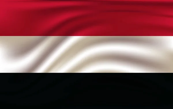 Realistische wapperende vlag van Jemen. Huidige nationale vlag van de Republiek Jemen. Illustratie van het vliegen golvende beschaduwd vlag van Jemen land. — Stockvector