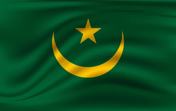 Národní vlajka Mauritánie na vlnitém hedvábí pozadí s bokeh světla. — Stockový vektor
