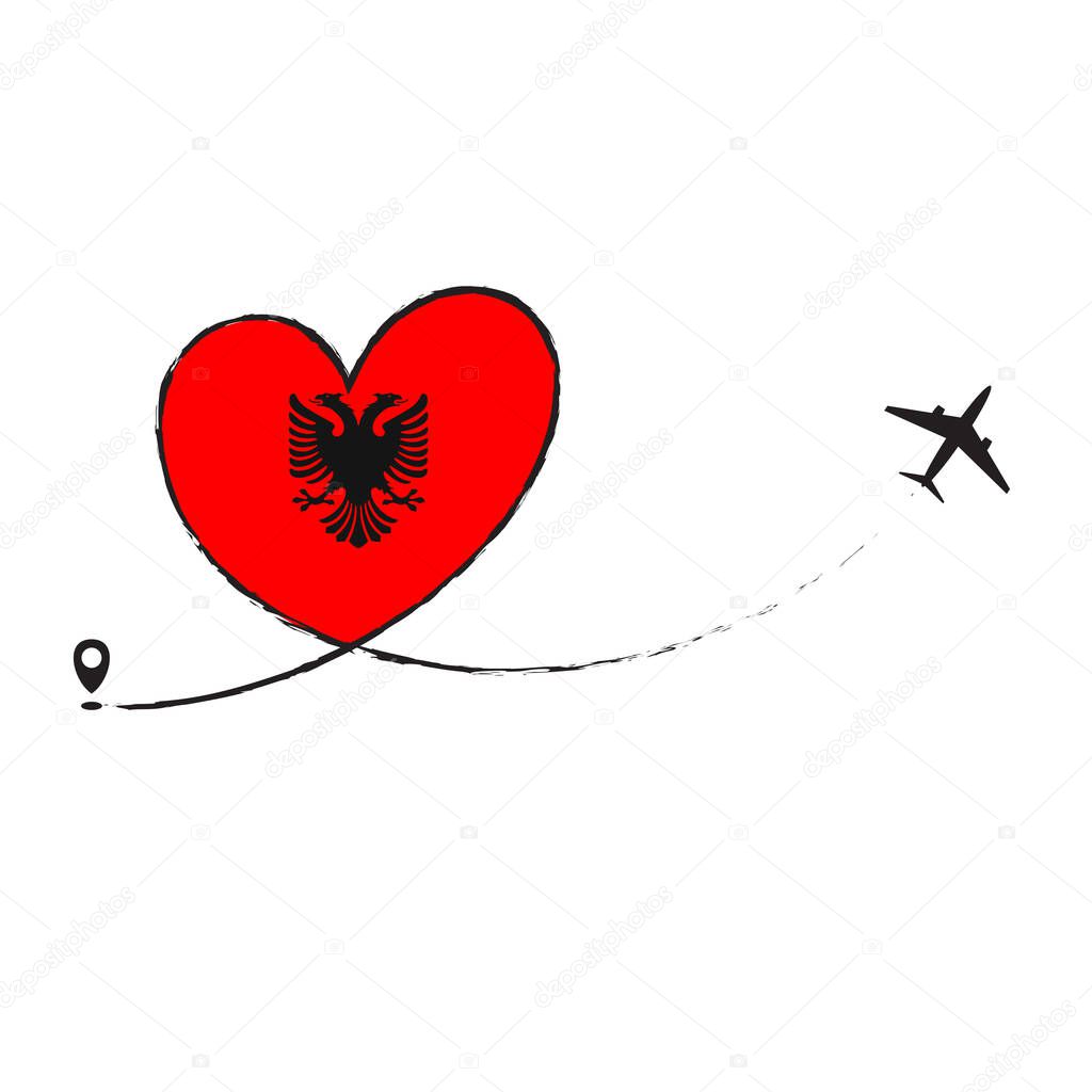 Flag Albania Love Romantic travel Airplane air plane Aircraft Aeroplane flying fly jet airline line path vector fun funny pin location pointer route trace sign track vacation holliday