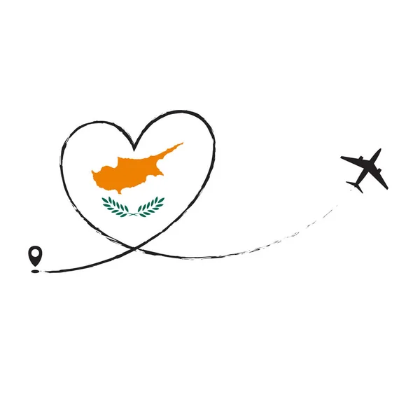 Cipro bandiera amore romantico viaggio aereo aereo aereo aereo volo aereo volare jet linea aerea vettore percorso divertente divertente pin posizione puntatore percorso traccia vacanza . — Vettoriale Stock