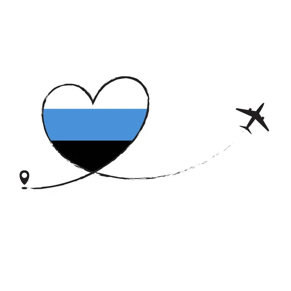 Flagge von Estland Liebe romantische Reise Flugzeug Flugzeug Flugzeug Flug Fliegen Jet Airline Linie Vektorweg Spaß lustige Stecknadel Standort Zeiger Route Zeichen Spur Urlaub. — Stockvektor