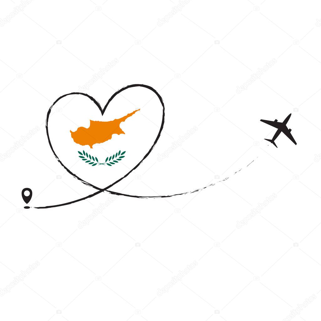 Cyprus flag love romantic travel plane airplane Airplane airplane flight fly jet airline line vector path fun funny pin location pointer route trail sign track vacation.