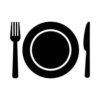 Plate, fork and knife icon in flat style. . Vector illustration for graphic design, Web, UI, mobile upp