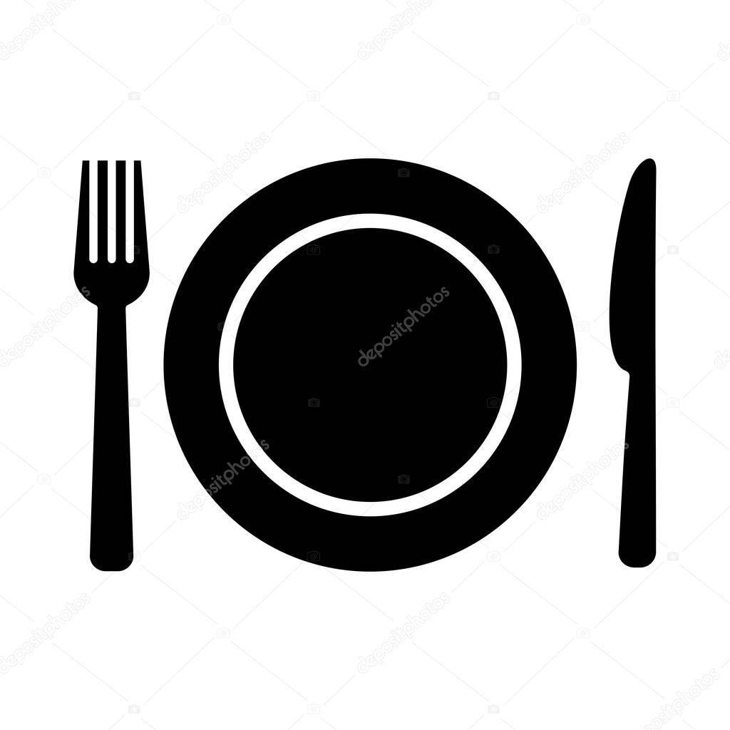 Plate, fork and knife icon in flat style. . Vector illustration for graphic design, Web, UI, mobile upp