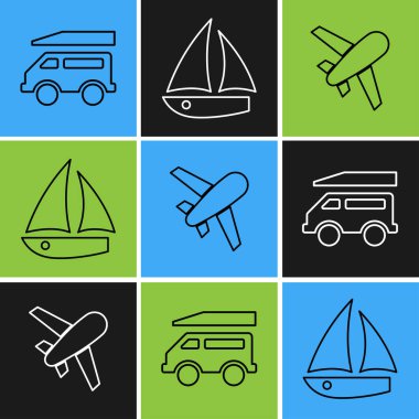 küresel seyahat ve ulaşım silueti simgesi ayarlandı. 10 puan.