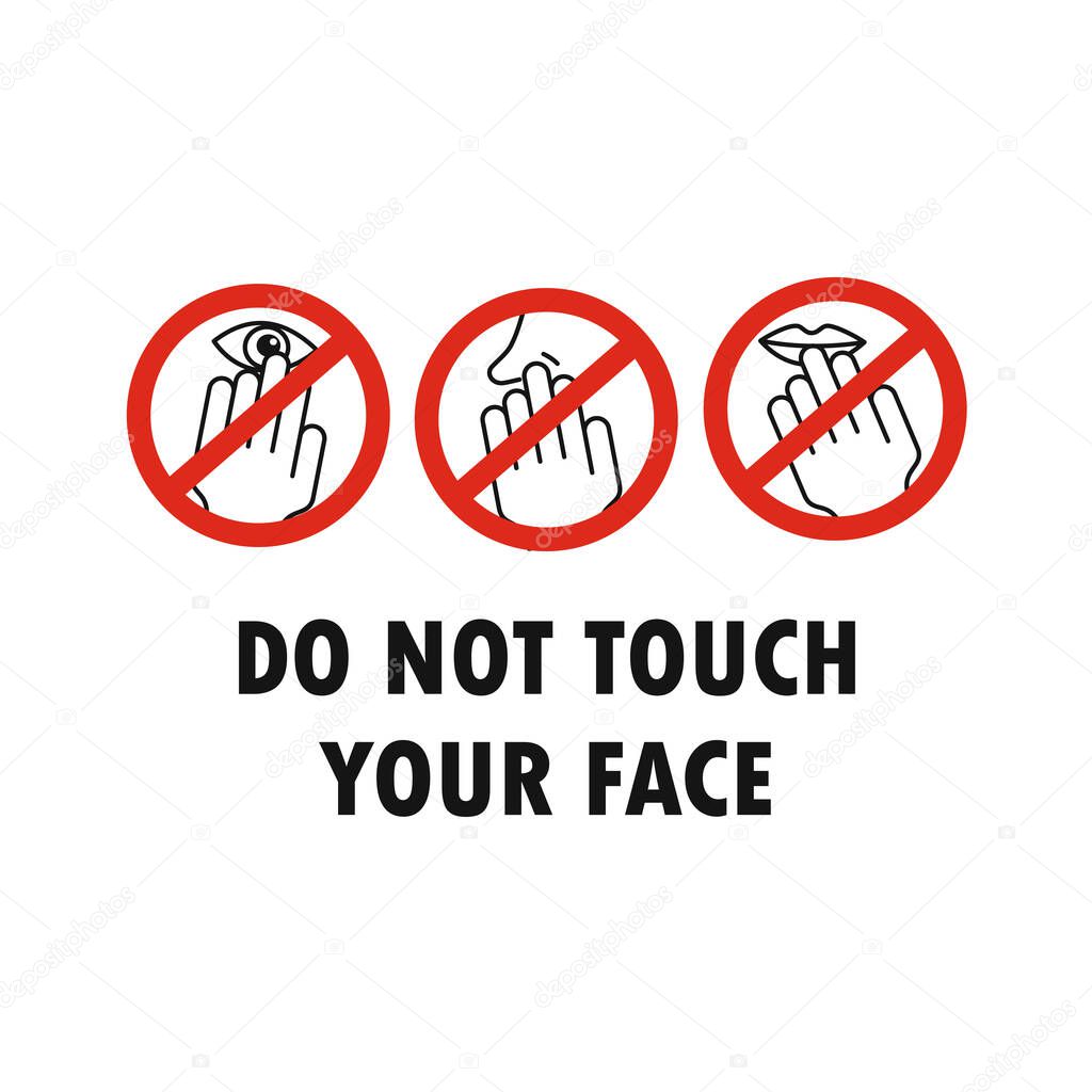 Set of do not touch your face icon. Simple black white drawing with hand touching mouth, nose, eye crossed by red line. Can be used during coronavirus covid-19 outbreak prevention 
