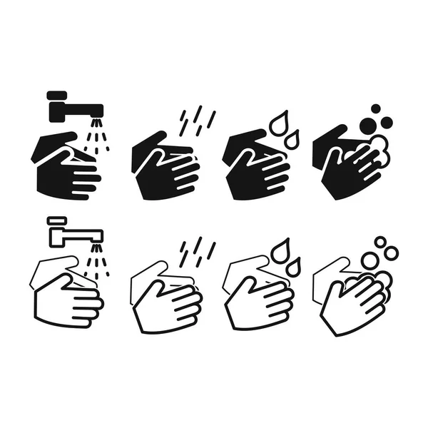 Handen Pictogrammen Set Eenvoudige Zwart Wit Handtekening Met Waterkraan Druppel — Stockvector