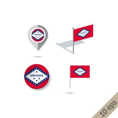 Arkansas bayraklı harita broşları. Yönlendirme simgeleri. resimleme