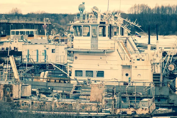 Old Abandoned River Port River Cargo Rusty Ships — Stock Photo, Image