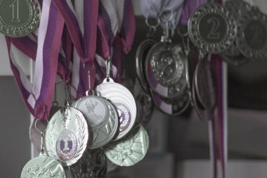 Yarışmalarda ödül kazanan yerlere verilen spor ödülleri için farklı metal madalyalar