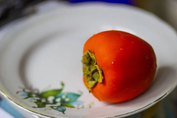 Cachi Frutto Succoso Arancione Maturo Rotondo Vitamine Piatto — Foto Stock