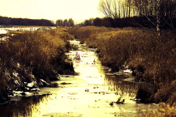 Piccolo Fiume Stretto Con Acqua Nel Campo Russo Invernale — Foto Stock