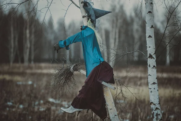 Fairy Baba Yaga on a broom at a tree in a winter field from Russian fairy tales
