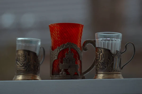 Set Three Soviet Glass Glasses Cup Holders Tea Train — 스톡 사진