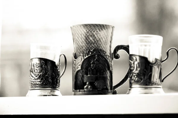 Set Three Soviet Glass Glasses Cup Holders Tea Train — 스톡 사진