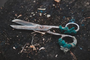 İş için eski paslı demir antika makas.