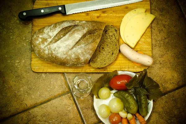 Glass Vodka Black Bread Cheese Sausage Pickles — Stock Photo, Image