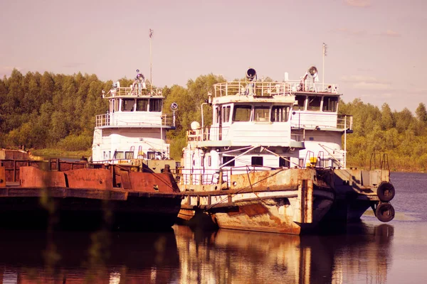 Old Ships Abandoned Deserted River Port — Stock Photo, Image