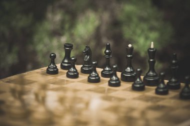 Satranç oynamak için tahta bir satranç tahtasında siyah ve beyaz taşlar