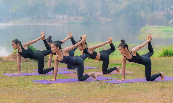 Group Young Females Practicing Yoga Lakeside Sunrise — Stock Photo, Image