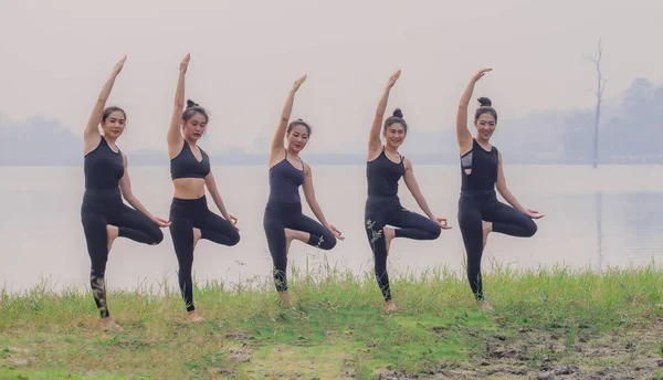 Gruppe Junger Frauen Praktiziert Yoga Seeufer Während Des Sonnenaufgangs — Stockfoto