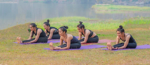 Gruppe Junger Frauen Praktiziert Yoga Seeufer Während Des Sonnenaufgangs — Stockfoto