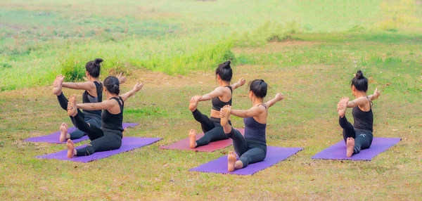 Gruppe Junger Frauen Praktiziert Yoga Seeufer Während Des Sonnenaufgangs — Stockfoto