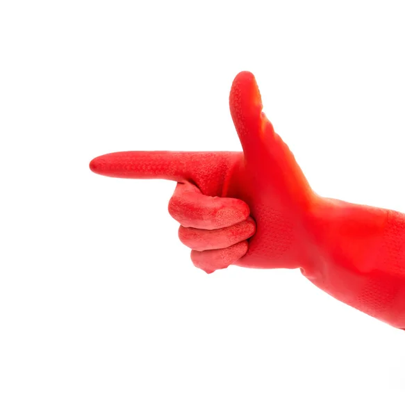 Ruku nahoru v červené rukavice s ukazující prst znamení symbolický jazyk význam směr správné cesty správná odpověď — Stock fotografie