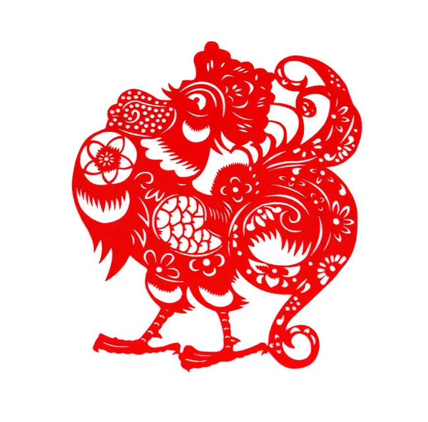 Papel plano rojo cortado en blanco como símbolo del Año Nuevo Chino del Gallo 2017 —  Fotos de Stock
