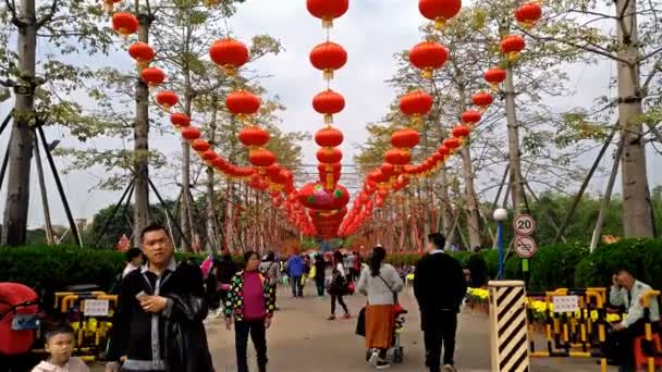 Zhongshan Chiny-luty 2, 2017:People, grając w Sunwen parku na chiński nowy rok wakacje. Jan 28 jest pierwszy dzień roku koguta i istnieje wiele uroczysty latarnia w Sunwen parku. — Wideo stockowe