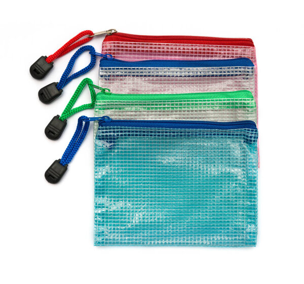 colorful reinforced plastic bag with zip on white background
