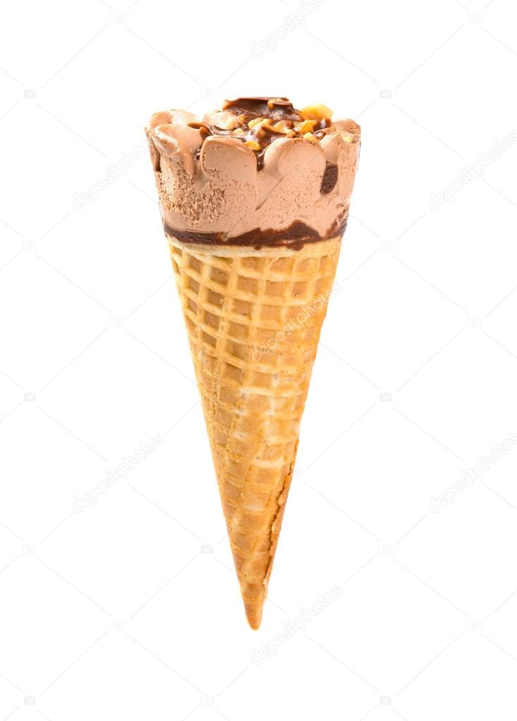 chocolate flavor ice cream cone on a white background