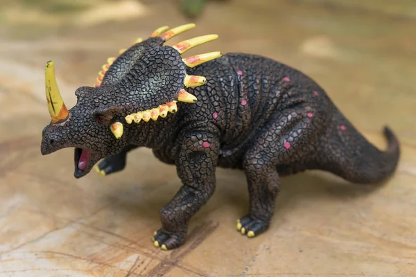 Grå triceratops leksak stående på rock — Stockfoto