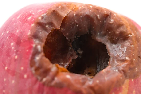 Manzana podrida con un gran agujero sobre fondo blanco de cerca —  Fotos de Stock