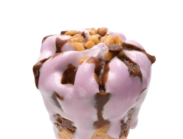 Vanilla flavor ice cream cone melting close up on a white background — Stock Photo, Image