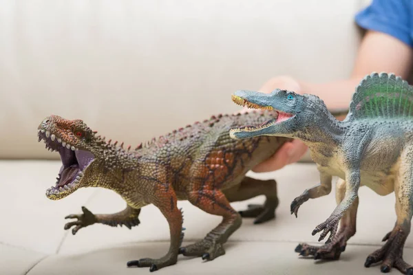 집에서 소파에 갈색 Carcharodontosaurus와 회색 깃 장난감을 잡는 아이 손 — 스톡 사진