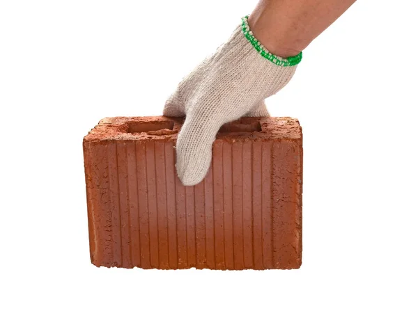 Hand carrying a brick on a white background — Stock Photo, Image