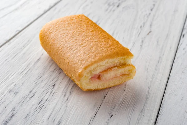Strawberry Flavor Sweet Roll White Wood — Stock Photo, Image