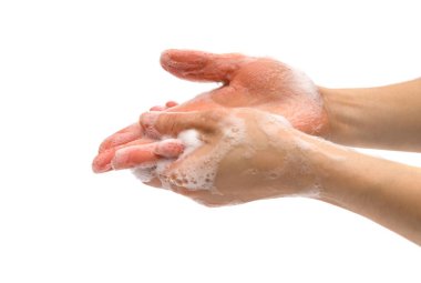 genç erkek üzerinde beyaz sabunlu sıvı el yıkama