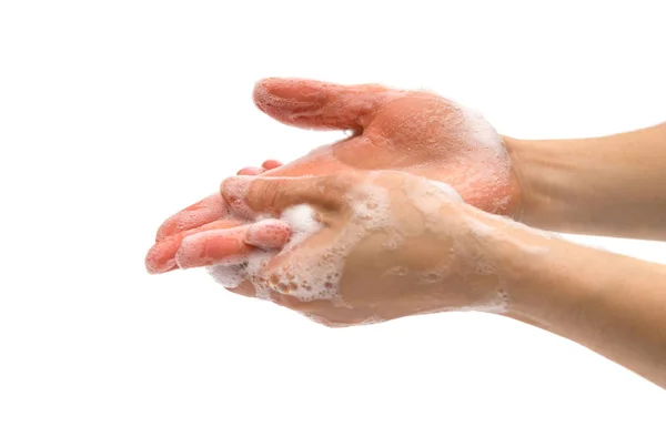 Młoda Suczka Mycie Dłoni Mydłem Cieczy Białym — Zdjęcie stockowe