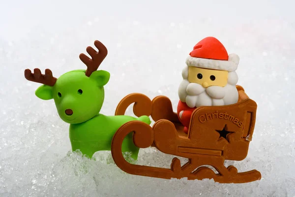 Cute Santa Claus Sled Reindeer Snow — Stock Photo, Image