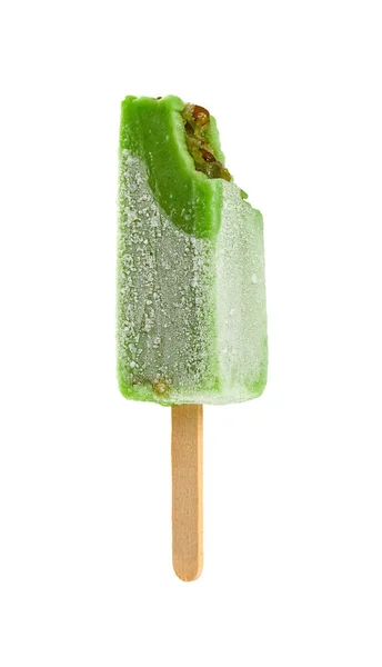 Popsicle Haricot Vert Avec Quelques Morsures Sur Fond Blanc — Photo