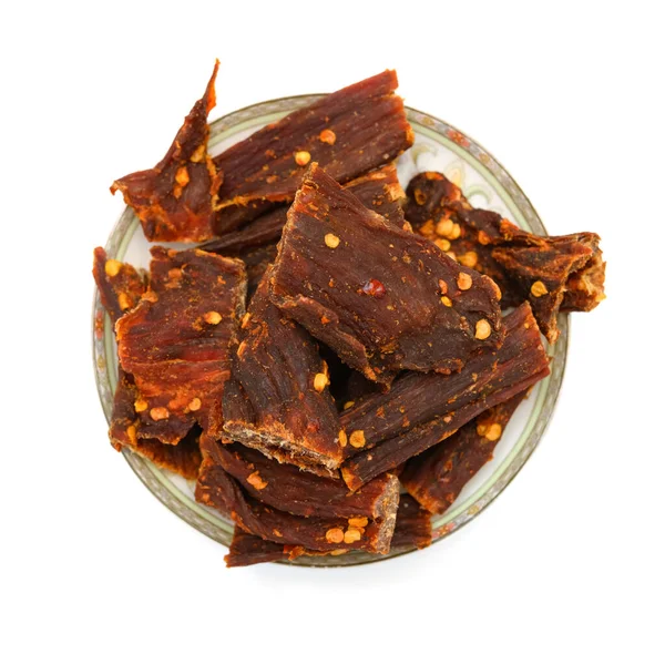 Top View Spicy Beef Jerky White Background — Stock Photo, Image