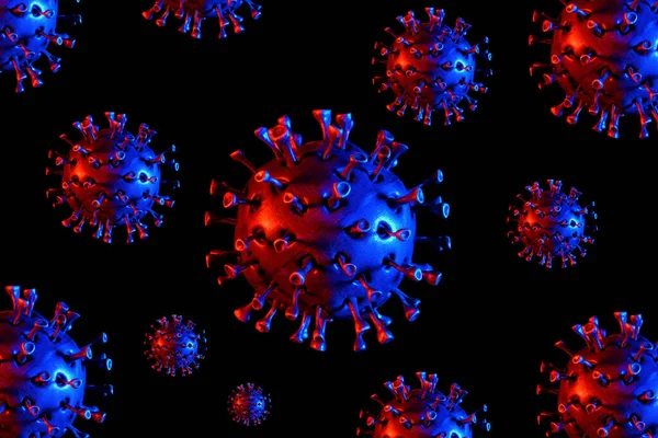 Alguns Coronavírus Destacado Por Luzes Vermelhas Azuis Fundo Preto — Fotografia de Stock