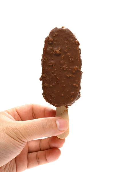 Mano Sosteniendo Chocolate Fresco Paleta Sabor Café Sobre Fondo Blanco — Foto de Stock