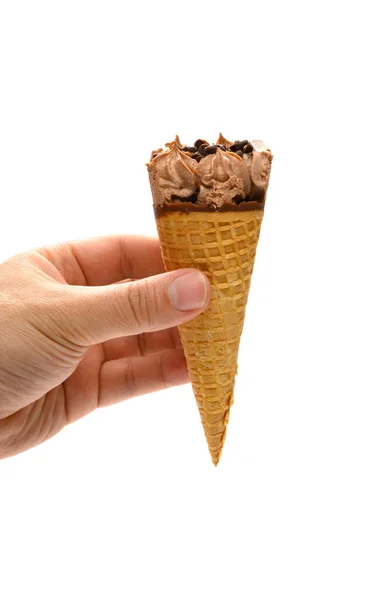 Hand Holding Fresh Chocolate Flavor Ice Cream Cone White Clipping — Stock Photo, Image