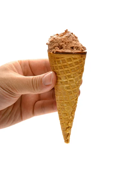 Χέρι Κρατώντας Ένα Παγωτό Σοκολάτα Γεύση Χωνάκι Δύο Δαγκώματα Λευκό — Φωτογραφία Αρχείου