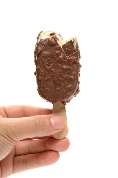 Hand Holding Chocolate Coffee Flavor Popsicle Couple Bites White Background — Stock Photo, Image