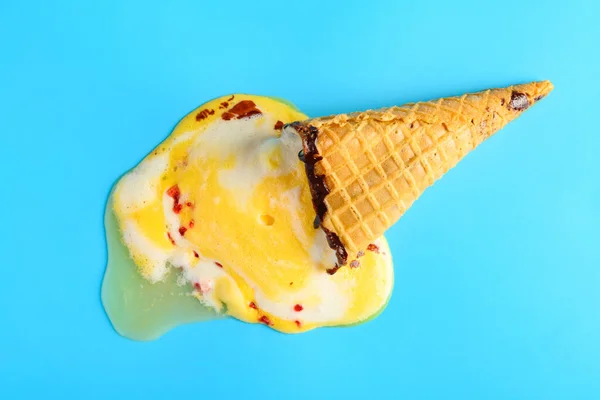Top View Pineapple Cherry Flavor Ice Cream Cone Melted Blue — Stock Photo, Image